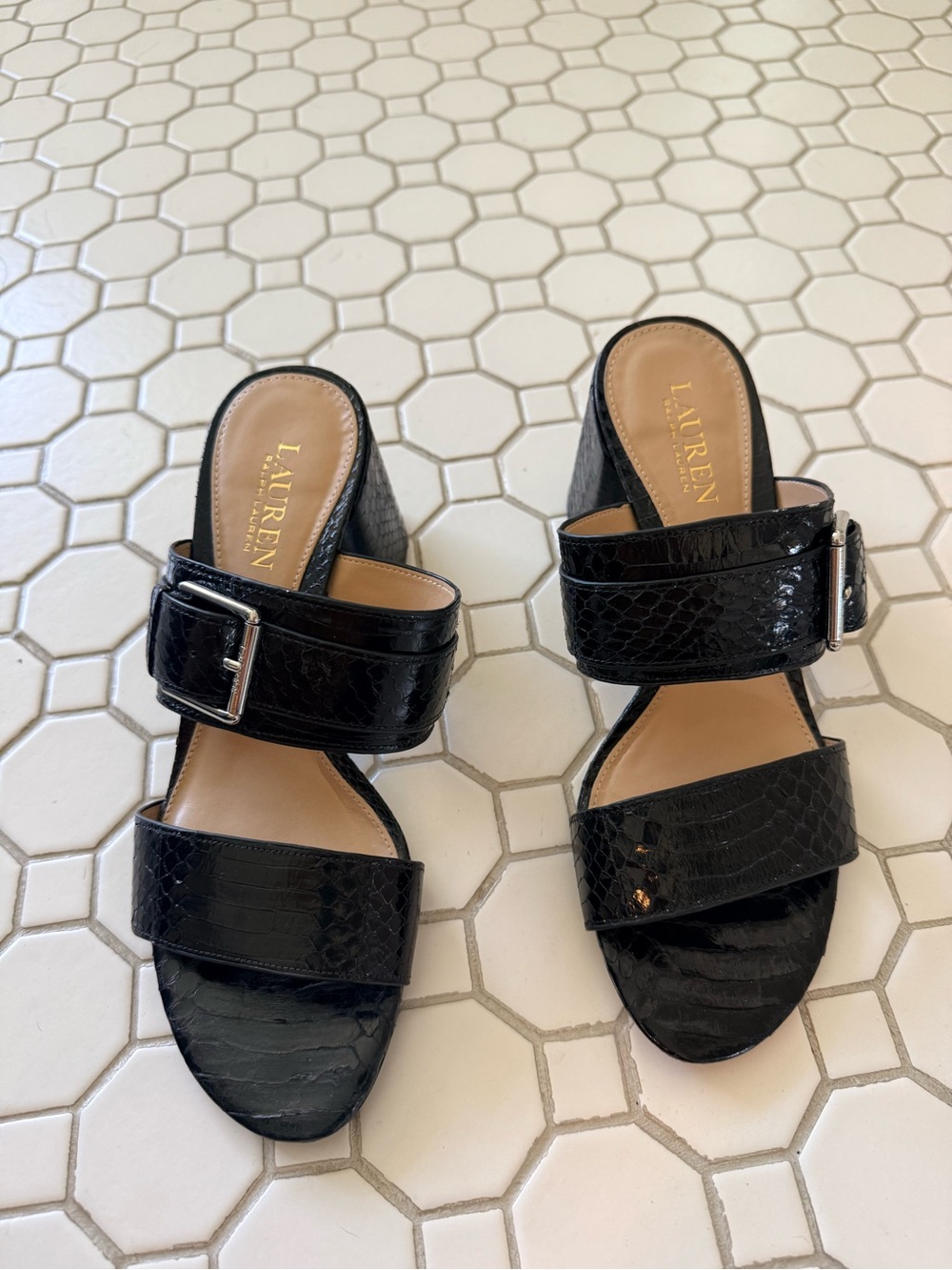 Lauren Ralph Lauren Black Croc-Embossed Buckle Slide Heels